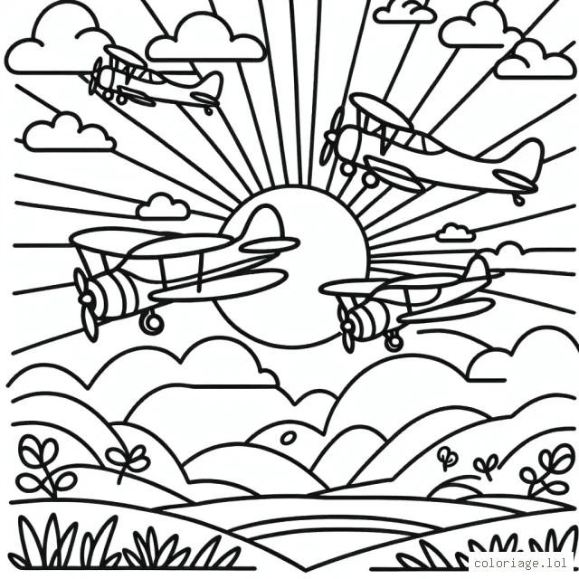 Un groupe d'avions qui volent dans un ciel ensoleillé, avec des montagnes et des champs en arrière-plan