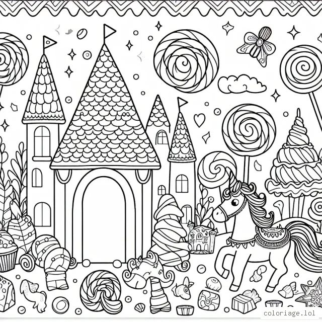 Une scène magique du royaume des bonbons avec des créatures fantastiques, des châteaux délicieux et des licornes bonbon.