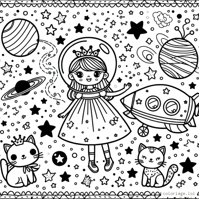 Une princesse galactique avec son vaisseau spatial rose entourée d'étoiles, de planètes colorées et de chatons spatiaux mignons.