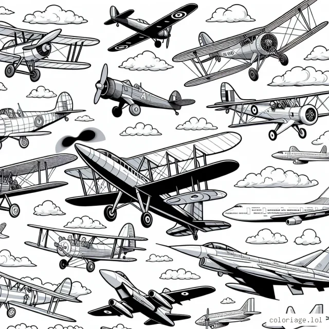 Un grand choix d'avions modernes et historiques sillonnent le ciel azur. Du biplan de la Première Guerre mondiale au jet supersonique d'aujourd'hui, une grande variété de formes et de styles offrent un défi de coloriage stimulant.