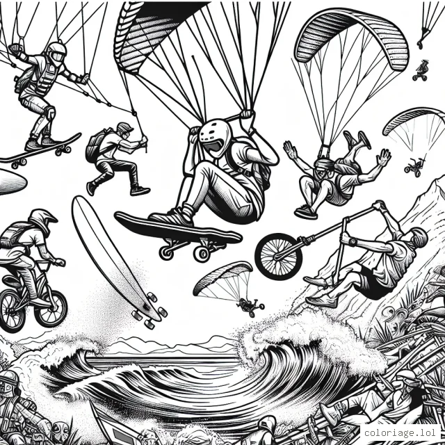 Imaginez une scène spectaculaire de sports extrêmes avec des sportifs en plein action assurant des sauts incroyables avec leur matériel. L'image doit représenter plusieurs sports comme le skateboard, le surf, le parapente et le BMX en même temps. N'oubliez surtout pas de mettre en évidence la différence entre chaque sport.