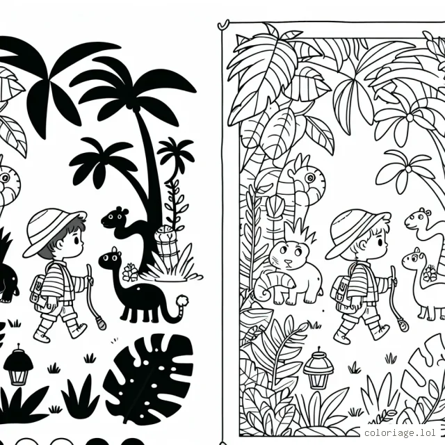 Dessine un petit aventurier explorant une jungle pleine d'animaux exotiques et de plantes mystérieuses.
