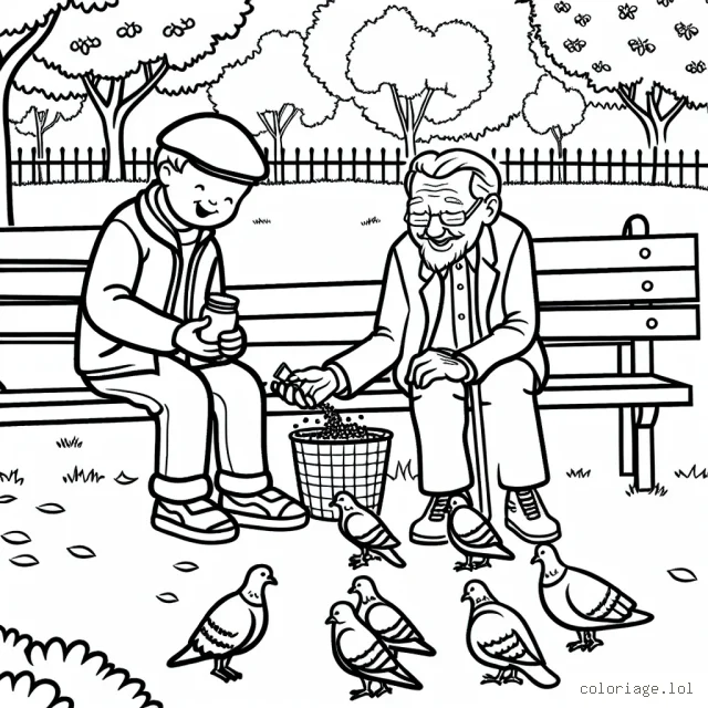Un petit garçon aidant un vieil homme à nourrir les pigeons dans un parc.