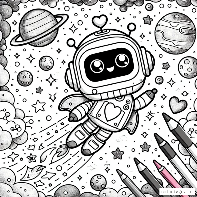 Un petit robot mignon quitte sa planète pour explorer l'univers en volant à l'aide de ses ailes en forme de coeur. Il vole au milieu de la Voie Lactée, entouré d'étoiles brillantes, de planètes colorées et de comètes étincelantes. Dessinez-le dans l'espace avec beaucoup de couleurs vives.
