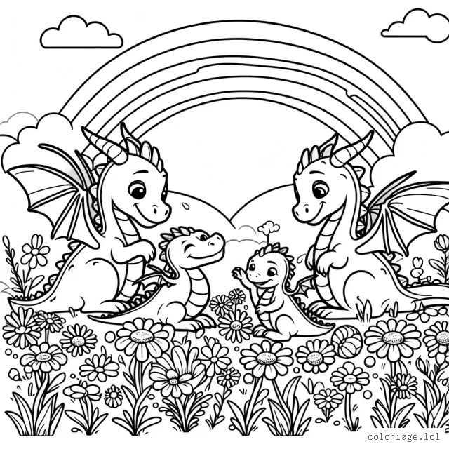 Dessine un groupe de dragons qui jouent dans un champ de fleurs magiques sous un arc-en-ciel.
