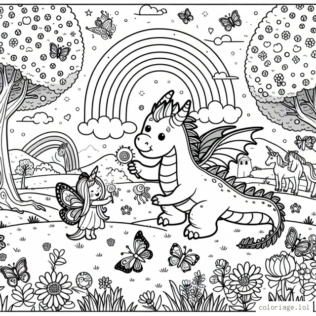 Un gentil dragon joue avec une fée dans un royaume magique peuplé de licornes et de papillons multicolores, entouré d'un paysage fantastique plein d'arbres fleuris et d'arc-en-ciel.