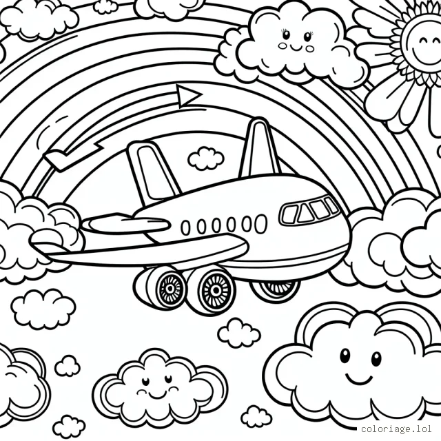 Imagine un avion volant parmi les nuages avec un arc-en-ciel dans le ciel. D'une part, l'avion doit être détaillé avec des fenêtres, des ailes, des turbines et des roues. D'autre part, les nuages doivent avoir des formes variées pour ajouter du plaisir à colorier. L'arc-en-ciel doit-être divisé clairement en sept sections de couleurs pour qu'un enfant puisse le colorier facilement. N'oublie pas d'ajouter un soleil souriant dans le coin pour compléter l'image.
