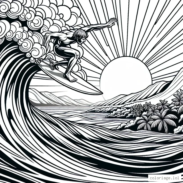 Dessine un athlète en plein effort alors qu'il fait du surf extrême sur une vague géante. En arrière-plan, un magnifique lever de soleil illumine le paysage. Relève le défi et donne vie à cette scène vibrante et pleine d'énergie par ton coloriage.