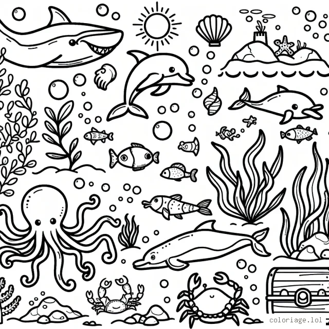 Projet de coloriage sur le thème des fonds marins avec différentes espèces de poissons, de crabe, de pieuvre et de dauphin accompagné d'un trésor caché et d'une épave de bateau pirate