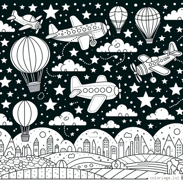 Un monde fantastique rempli d'avions colorés volant dans le ciel étoilé. Chaque avion est unique, certains sont grands et d'autres sont petits. Il y a aussi des montgolfières et des cerfs-volants dans le ciel. Dessous, on peut voir des villes, des montagnes et des océans.