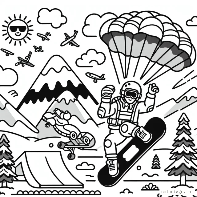 Un athlète audacieux fait du parachutisme, du snowboard extrême et du skate sur rampe tout en une seule scène fantastique d'action et d'adrénaline. Il y a aussi une montagne neigeuse, un ciel bleu avec le soleil et des nuages, et une rampe de skate.