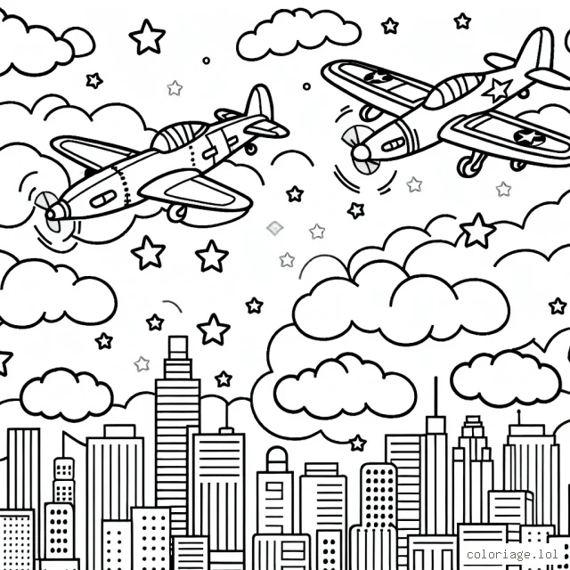 Un dessin où deux avions de chasse s'élancent dans le ciel parsemé de nuages au-dessus d'une ville animée