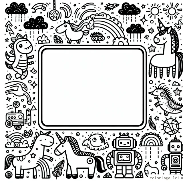 Créez un coloriage pour enfant aléatoire, varié et inventif en utilisant des motifs de licornes, dinosaures et robots.