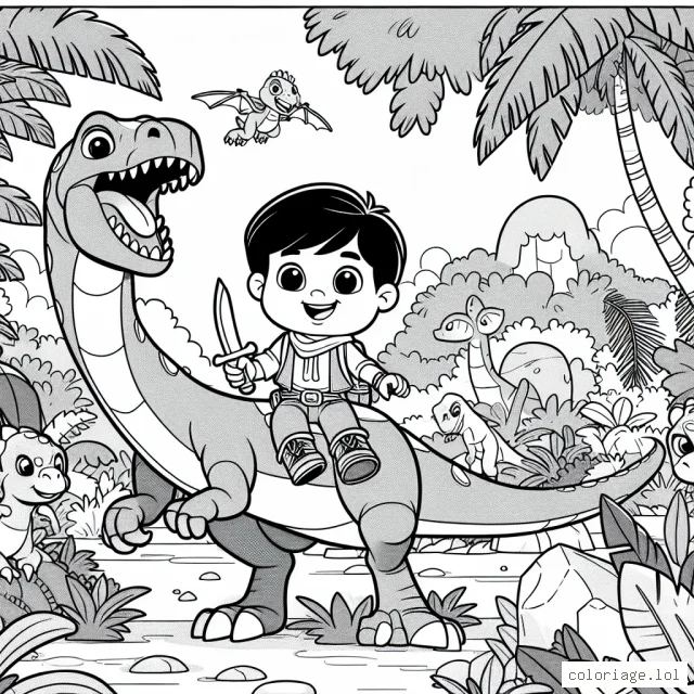 Dans une jungle lointaine et mystérieuse, un petit garçon courageux vit une incroyable aventure avec son fidèle dinosaure. Il défend la jungle des envahisseurs d'une autre planète. Ils sont accompagnés de leurs amis les animaux de la jungle. Dessinez-les en train de protéger leur maison.