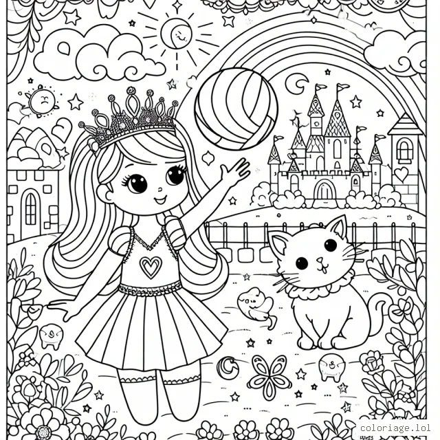 Une petite princesse qui joue au volleyball avec son chaton féerique dans un royaume rempli de douceurs