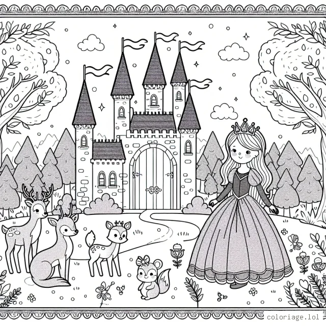 Dessine une jolie princesse à côté de son château féérique entourée de ses amis animaux de la forêt