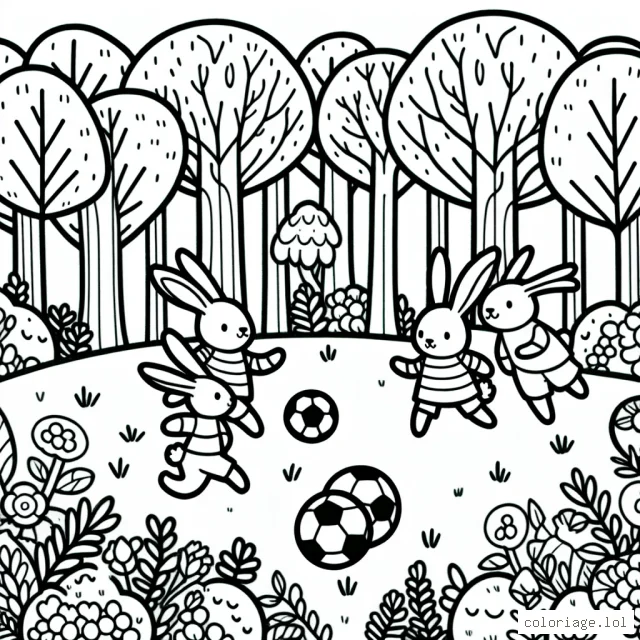 Un groupe de lapins jouant au football dans une forêt enchantée