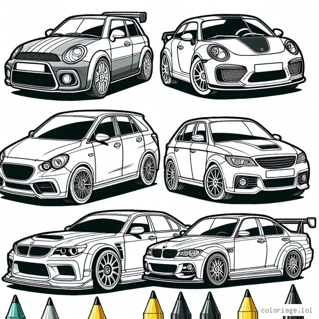 Des voitures mondialement connues par marque, comme la Mercedes Benz, la BMW, la Ferrari, la Porsche et le Volkswagen, sont dessinées avec des détails précis. Les enfants peuvent colorier chaque voiture avec leurs couleurs préférées et laisser libre cours à leur imagination.