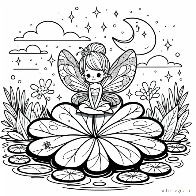 Dessiner une petite fée aux ailes scintillantes assise sur une grande feuille de trèfle qui flotte sur une étang aux nénuphars, au crépuscule, avec un ciel parsemé d'étoiles.