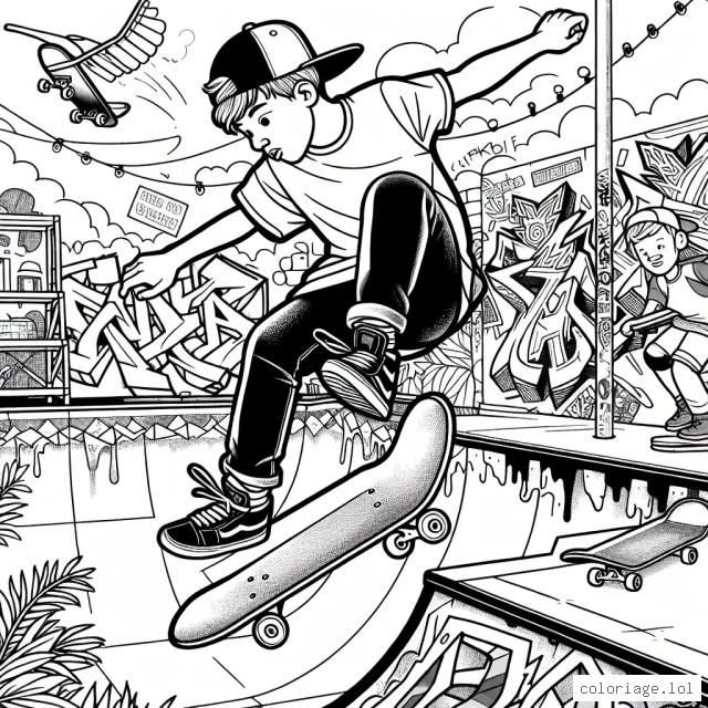 Un jeune skateur réalise une figure impressionnante dans un skatepark urbain. Au loin, des graffitis ornent les murs. Sur une rampe, un autre skateur se prépare à sauter. Donne vie à cette scène avec tes couleurs préférées!