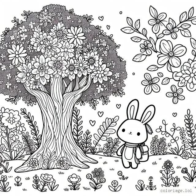 Un joli petit lapin se tient près d'un arbre majestueux en fleurs au cœur d'une prairie enchantée, avec des fleurs de différentes espèces agrémentant la scène alentour. Il porte un adorable petit sac à dos avec lui.