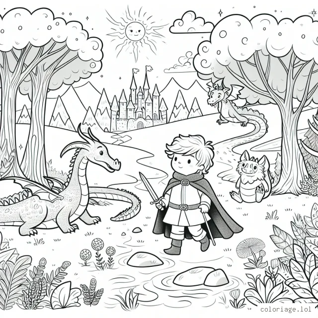 Un petit garçon courageux part à l'aventure dans un royaume enchanté. Son fidèle dragon l'accompagne. Ils traversent des forêts étranges, survolent des rivières scintillantes et délivrent finalement un trésor protégé par un sorcier maléfique.