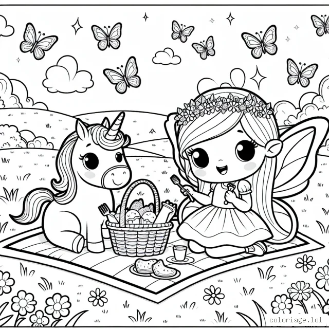 Un joli pique-nique dans un royaume féerique plein de papillons avec une petite princesse et son fidèle ami licorne