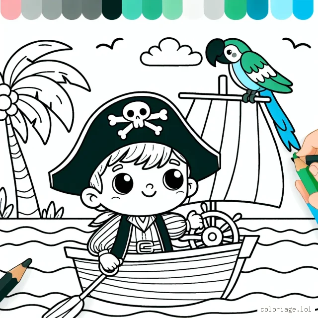 Un petit garçon en costume de pirate avec son perroquet vert sur l'épaule navigue sur un bateau à voiles à la recherche d'un trésor caché sur une île lointaine.