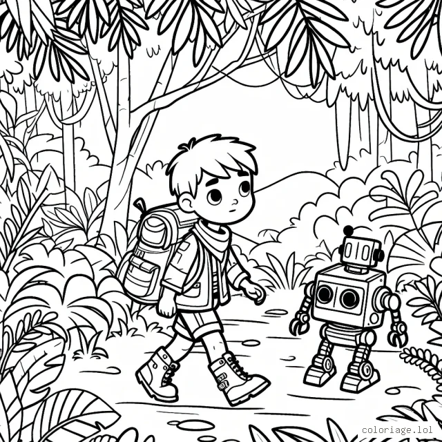 Un jeune explorateur traversant la jungle en compagnie de son fidèle compagnon de robot.