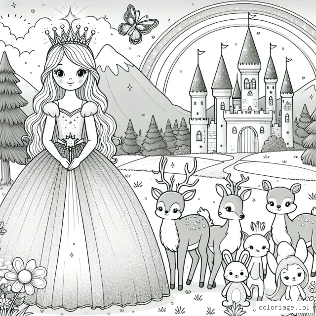 Une princesse à la longue robe étincelante se tient devant son château majestueux, entourée de ses amis les animaux de la forêt. Elle tient dans ses mains un sceptre reluisant et porte une couronne brillante. Au loin, on peut apercevoir un beau paysage avec des montagnes, un arc-en-ciel et une rivière scintillante. Les animaux sont une variété colorée de cerfs, de lapins, d'oiseaux et de papillons.