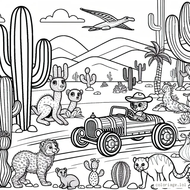 Imagine une course de voiture dans le désert, des cactus de toutes les formes et des animaux exotiques tout autour. Donne vie à cette scène avec tes couleurs préférées!