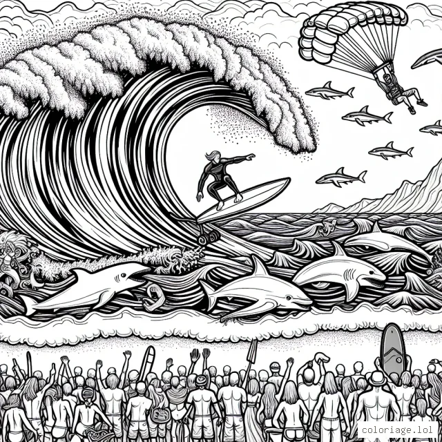 Une planche de surf géante dansant sur une vague gigantesque avec un surfeur intrépide au sommet. Sous l'eau se trouvent des créatures marines comme des dauphins, des requins et des poissons colorés. Sur la plage, divers spectateurs et autres athlètes extrêmes tels que des skateurs et des parachutistes, admirant le surfeur audacieux.