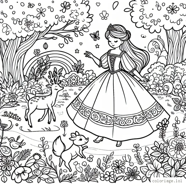 Une princesse affable se promenant dans un jardin merveilleux rempli de fleurs multicolores et d'animaux enchantés.