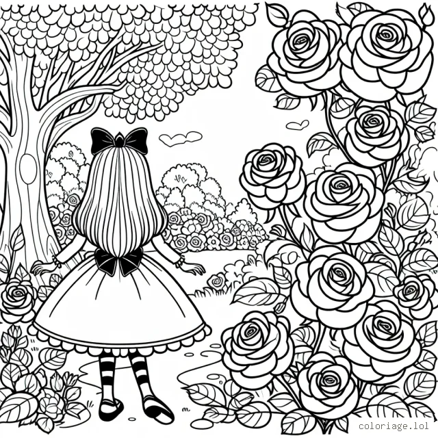 Alice, la princesse des fleurs, est dans jardin féerique où les roses sont grandes comme des arbres. Peux-tu l'aider à apporter de la couleur à ce monde magique ?