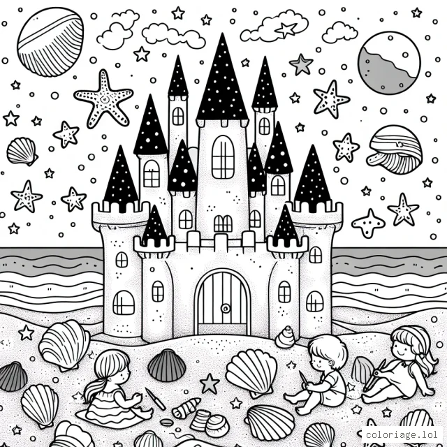Un château de sable majestueux sous un ciel d'été étoilé, entouré de coquillages multicolores avec des enfants jouant autour