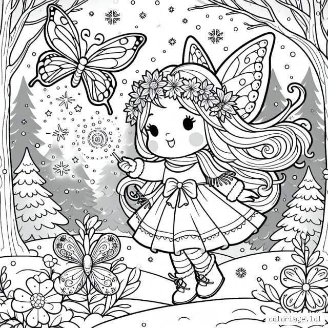 Dans un jardin enchanté, une adorable petite fée aux ailes de papillon est en train de disperser sa magie, illuminant des fleurs au cœur de l'hiver. Il y a aussi un joli papillon qui virevolte autour d'elle. Elles sont entourées de nombreux arbres couverts de neige et d'animaux de la forêt qui sont émerveillés par la scène magique qui se déroule.