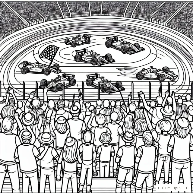 Illustration d'un circuit de voitures de courses animé avec des véhicules colorés et des spectateurs enthousiastes