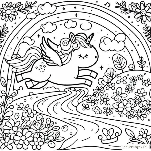 Une petite licorne espiègle vole au-dessus de la rivière chantante et des fleurs aux mille couleurs.