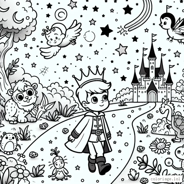 Un petit prince parcourt un royaume peuplé de créatures magiques sous un ciel nocturne parsemé d'étoiles filantes