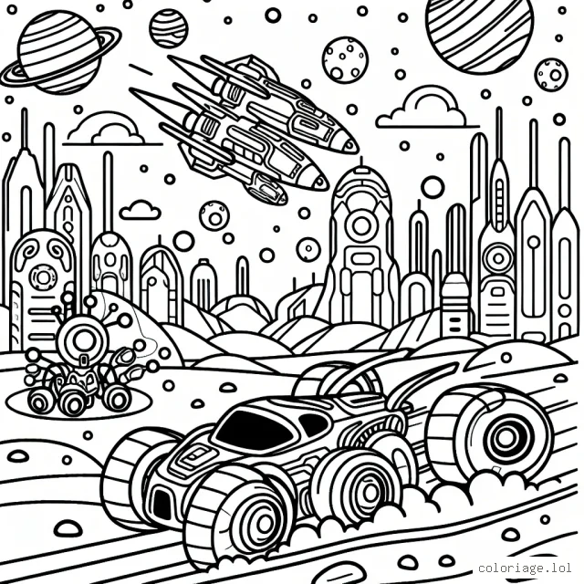 Dans une course palpitante entre des voitures du futur sur une planète étrange, colorie selon tes envies pour donner vie à cette aventure !