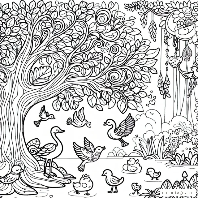 Un grand jardin enchanté peuplé de créatures fantastiques, avec un arbre généreux qui abrite une famille d'oiseaux colorés.