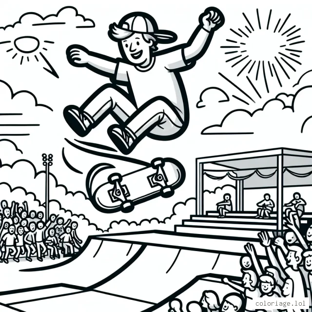 Dessine un skateboarder effectuant un trick impressionnant dans un parc de skate, avec un public enthousiaste en arrière-plan