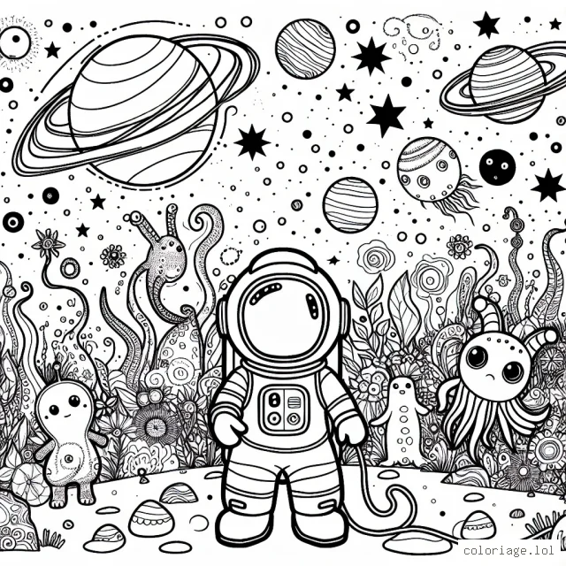 Un jeune astronaute explorant une nouvelle planète peuplée de créatures fantastiques et amicales