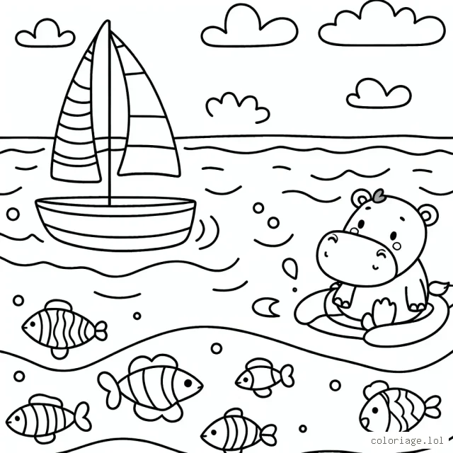Un petit hippopotame curieux navigue dans un petit bateau à voiles sur un étang rempli de poissons colorés