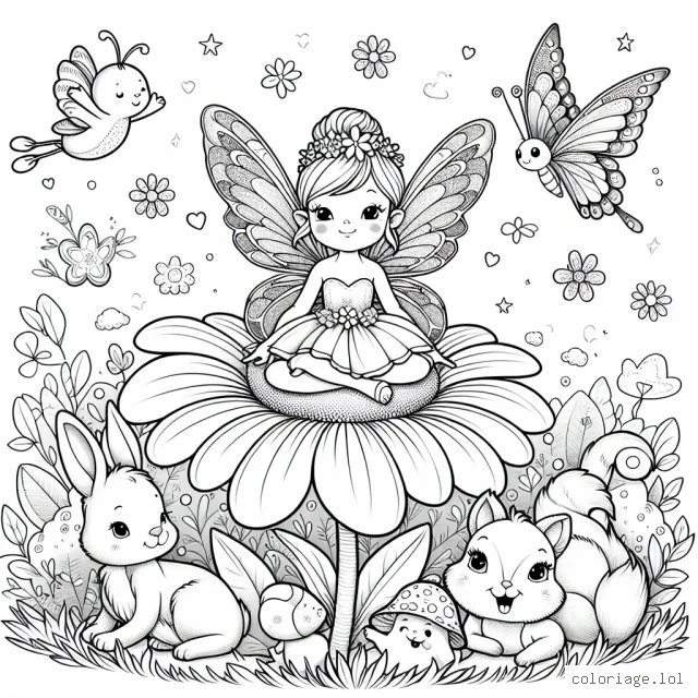 Une petite fée aux ailes brillantes est assise tranquillement sur une grande fleur dans un jardin enchanté. Elle est entourée de ses amis animaux : un gentil lapin, un écureuil coquin, un oiseau gazouillant et un papillon aux couleurs vives. Tu peux colorer tout ceci avec tes couleurs préférées !