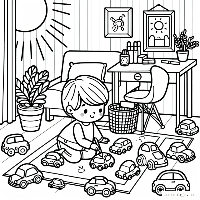 Un garçon joue avec ses voitures miniatures dans sa chambre remplie de rayons du soleil.