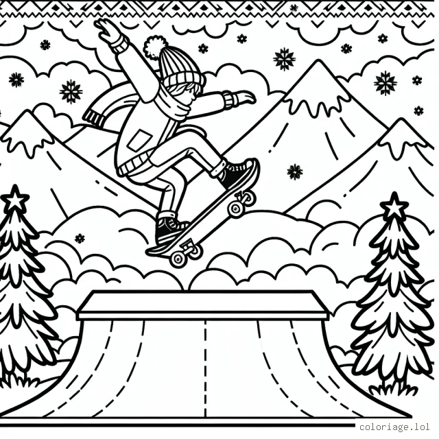 Dessine un skateur effectuant une figure fantastique sur une rampe, avec un paysage de montagnes en neige en arrière-plan.