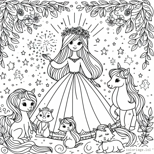 Une princesse entourée de ses amis les animaux dans un jardin magique.