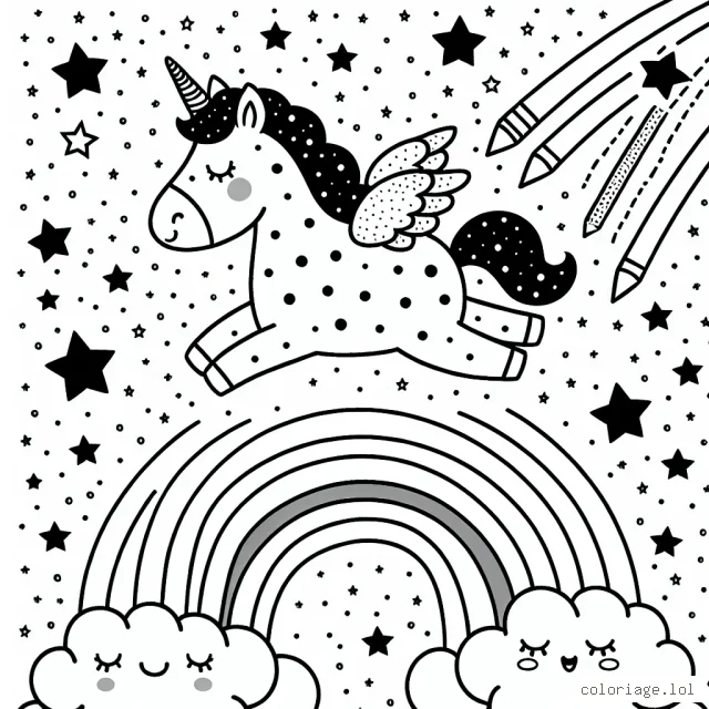 Une adorable licorne à pois volant au-dessus d'un arc-en-ciel et sous une pluie d'étoiles filantes