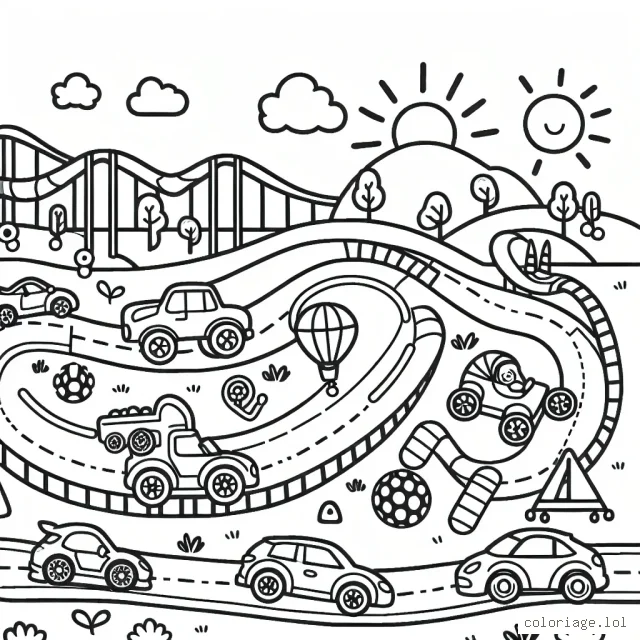 Dessine une course de voitures folles avec des modèles de toutes sortes sur une piste pleine de défis, de rebonds et de virages. Ajoute de la couleur à chaque voiture, à la route et au fond avec le soleil, les arbres et le public.